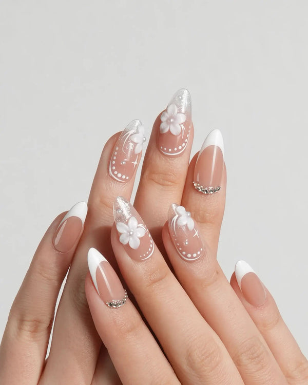 Wedding Day handmade press-on nails featuring Elegant Style, White French Tips & 3D Camellias.