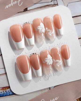 Wedding Day press-on nails in medium coffin shape — Elegant Style, White French Tips & 3D Camellias.