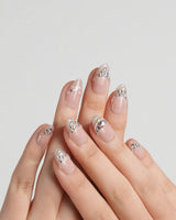 Wedding Rings nail art close-up showing Gorgeous Royal Style, Colorful Gemstone Clusters & Hand-painted White Leaves. details