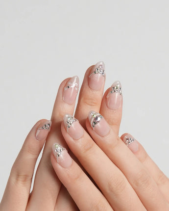 Wedding Rings nail art close-up showing Gorgeous Royal Style, Colorful Gemstone Clusters & Hand-painted White Leaves. details
