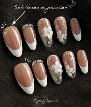 Wedding Day press-on nail set — Elegant Style, White French Tips & 3D Camellias. design, hand-painted with real gel polish