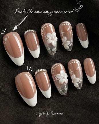 Wedding Day press-on nail set — Elegant Style, White French Tips & 3D Camellias. design, hand-painted with real gel polish