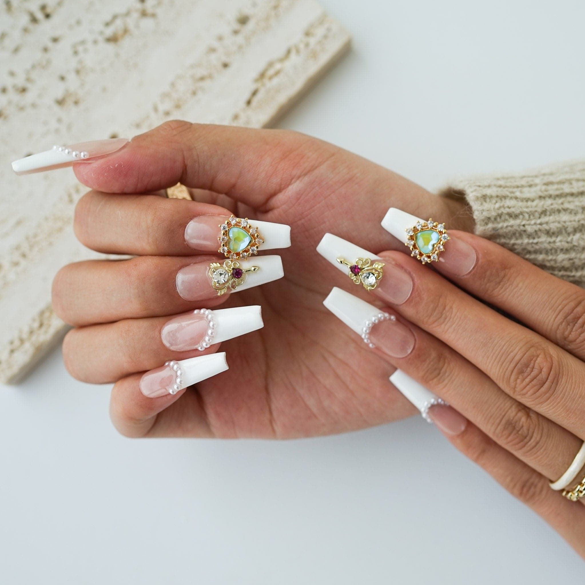 French tip Nails White Long Coffin Nails Whispering Blossoms