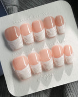White French Tip Nails - 3D Classic in short coffin shape with raised clear gel detail