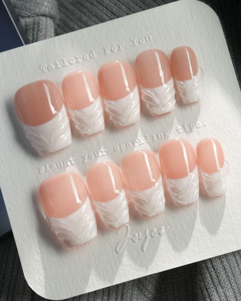 White French Tip Nails - 3D Classic in short coffin shape with raised clear gel detail