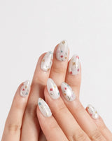 Wildflower nail art close-up showing Fresh Creamy White, Colorful Metallic Dainty Florals & Gold Wire Stems. details