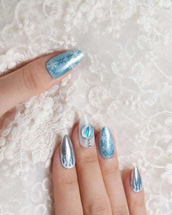 Frozen Dream press-on nails — ice blue ombre silver chrome snowflake charm handmade nail art by Joyee Nails