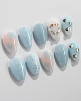 Winter wonderland press-on nails — Icy Blue Snowflakes, Rhinestone Wreath & Hearts. handmade nail art by Joyee Nails
