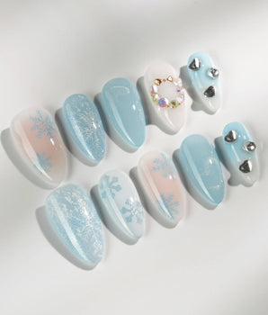 Winter wonderland press-on nails — Icy Blue Snowflakes, Rhinestone