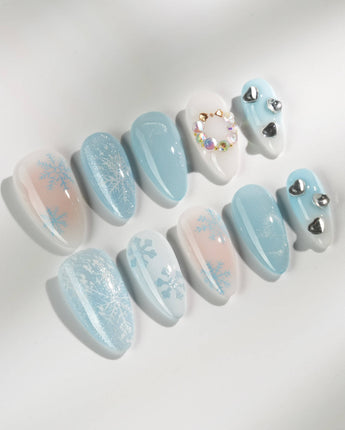 Winter wonderland press-on nails — Icy Blue Snowflakes, Rhinestone