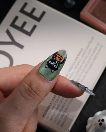 Witch's Cat handmade press-on nails in medium almond shape by Joyee Nails