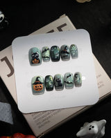 Witch's Cat handmade press-on nails in extra short square shape by Joyee Nails