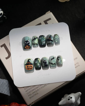 Witch's Cat handmade press-on nails in extra short square shape by Joyee Nails
