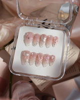 Wonderland press-on nails — Ethereal Pearl Pink Cat-eye, 3D Bows & Water Ripple Textures. handmade nail art by Joyee Nails