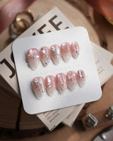 Wonderland press-on nails — Ethereal Pearl Pink Cat-eye, 3D Bows & Water Ripple Textures. handmade nail art by Joyee Nails