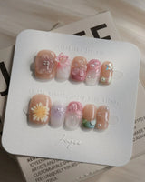 Wonderland Whims extra short square nails with pink floral sculpture and tiny pearls