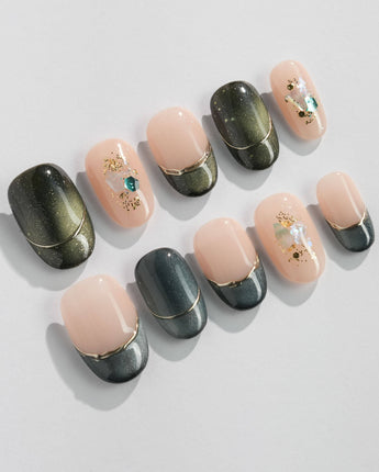Woodland Sea press-ons with woodland green shimmer, gold French lines, and glossy shell accents