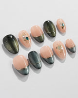 Woodland Sea in extra short almond shape with dark green shimmer and gold line accents