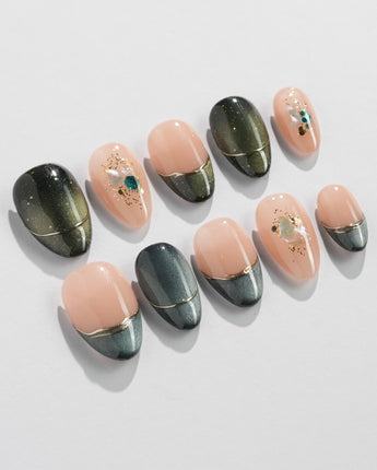 Woodland Sea in extra short almond shape with dark green shimmer and gold line accents