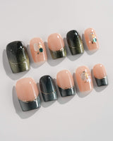 Woodland Sea in short square shape with green cat-eye French tips and delicate gold lines