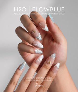 Yasawa Blue handmade press-on nails featuring Pearly Blue-White, 3D Shells & Starfish
